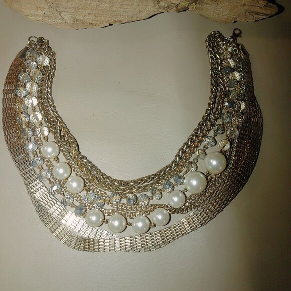 Statement Necklace Multi 8 Strand Glass Crystals Faux Pearls Gold Silver Chunky - Picture 7 of 15